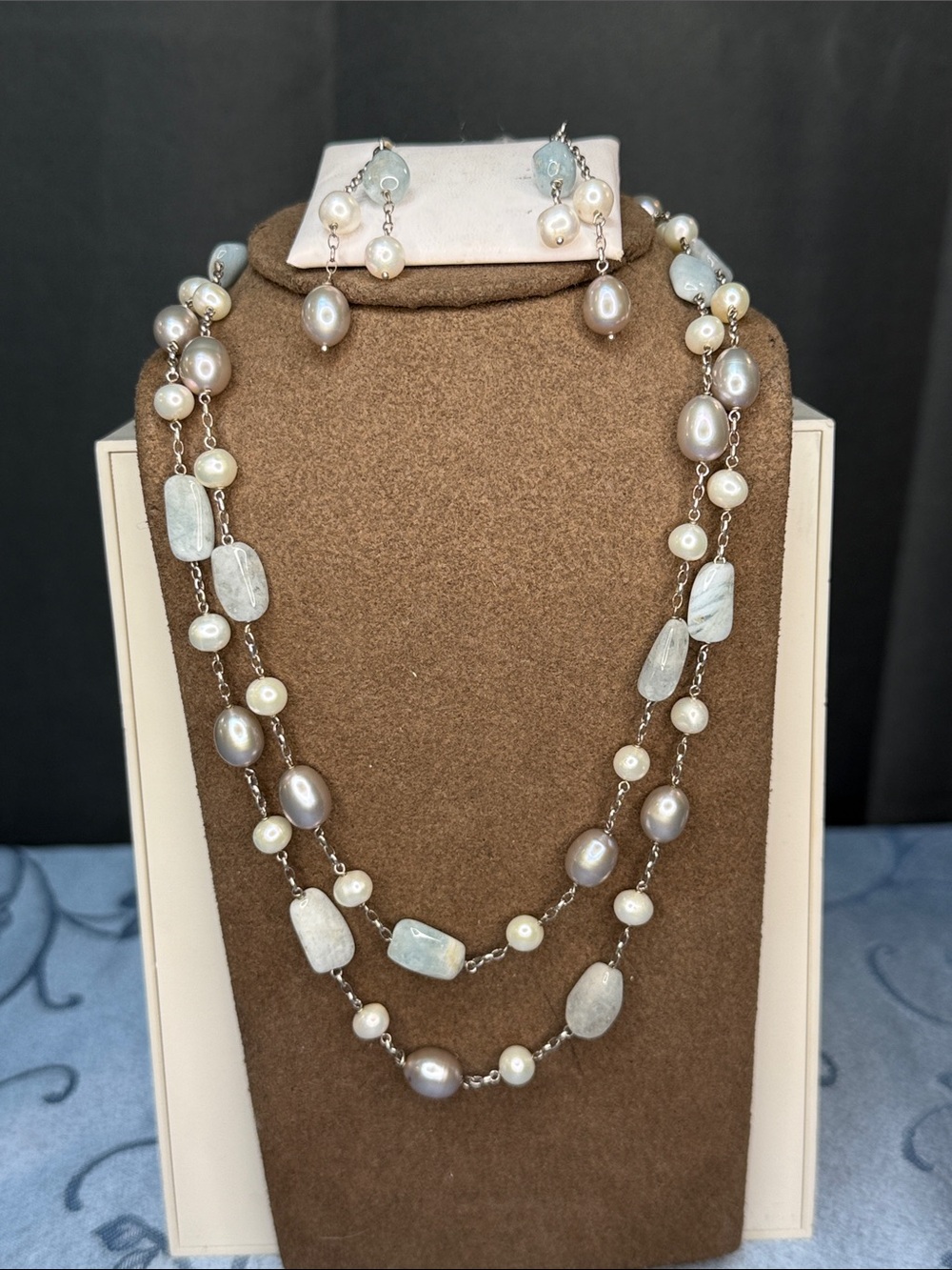 445558 silver double strand earrings set w/ freshwater pearls